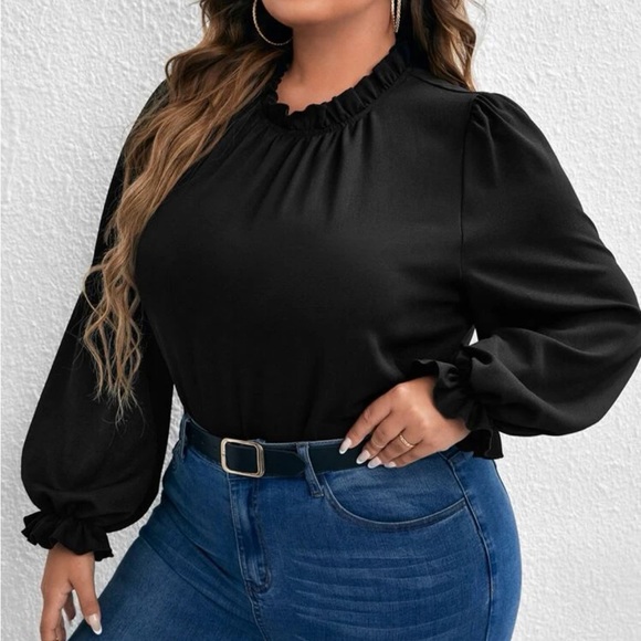 Plus size frill trim lantern  sleeve blouse - Picture 2 of 5